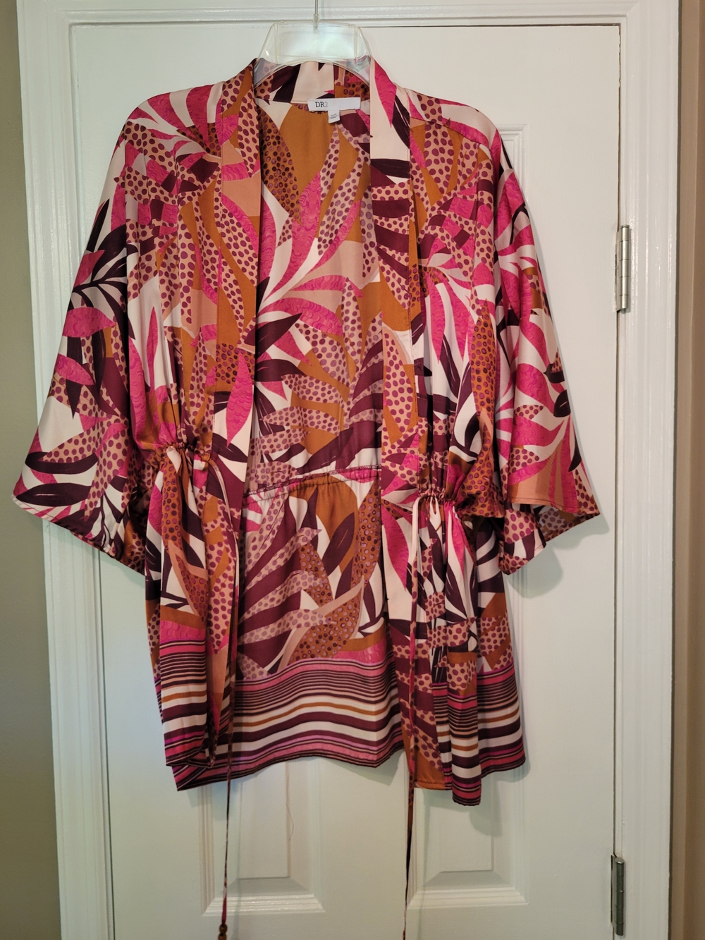DR2 Pink Brown Multicolor Abstract Print Kimono Blouse